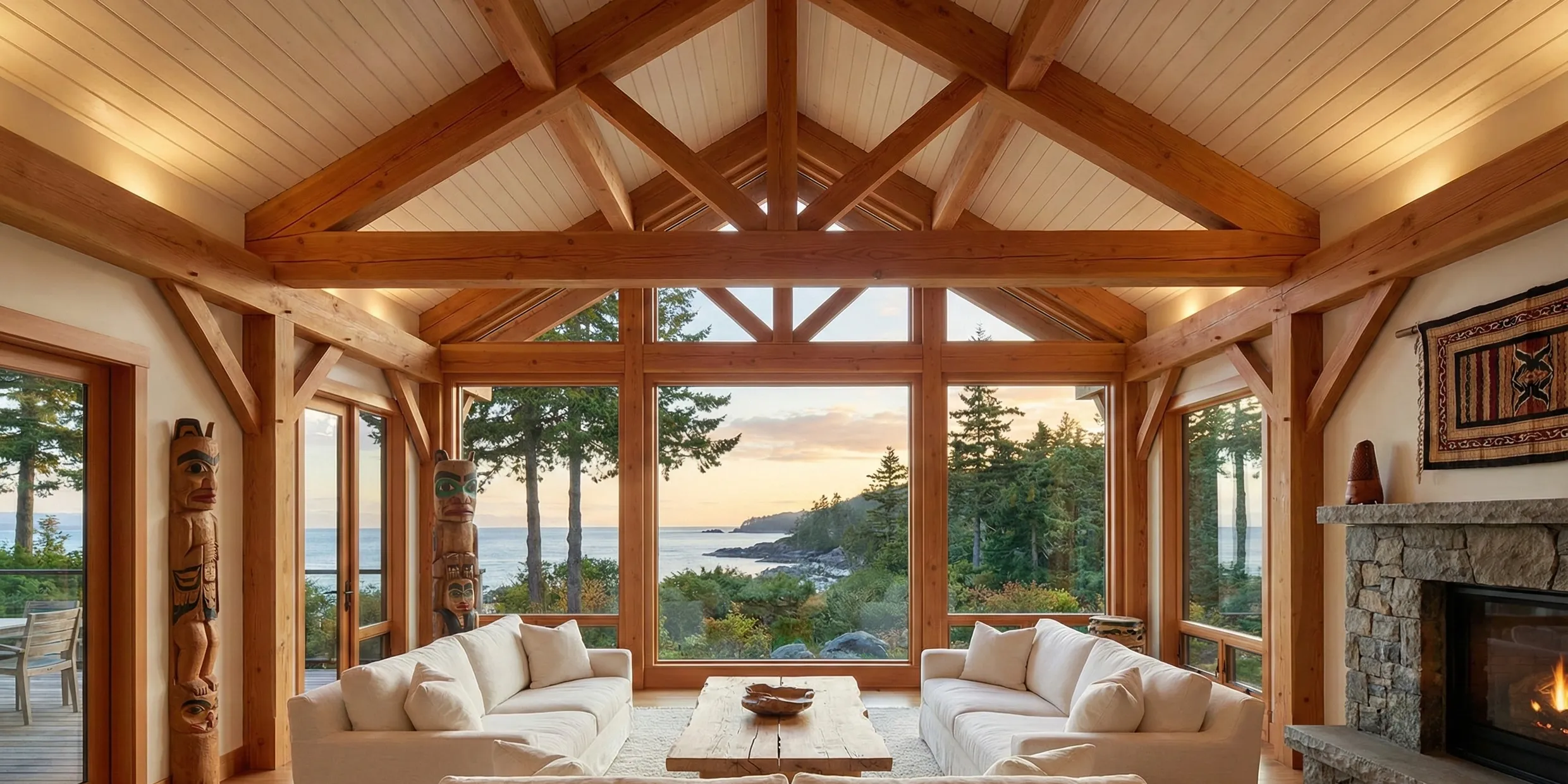 Timber-framed gathering room overlooking a forested Pacific coastline
